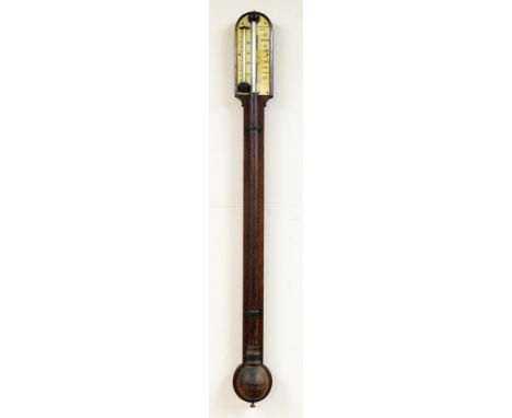 A 19thC oak cased stick barometer by J Davis &amp; Son of Derby, with thermometer and ivory back plate, 91cm high.