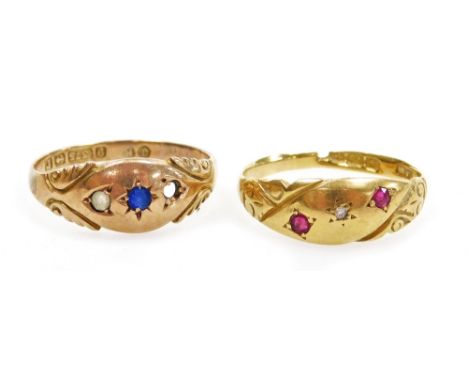 A Victorian 18ct gold diamond and ruby three stone ring, size O, 2.1g, together with a 9ct gold and gem set ring, size P, 1.6