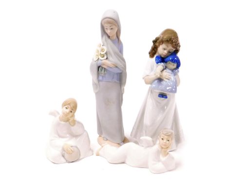 A Lladro matt figure of a girl holding a bunch of Calla lilies, a Nao figure of a girl holding a doll, and two Nao figures of