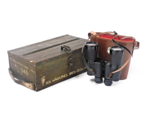 A military magazines box, marked Bren.303 In MK 1, containing military ephemera, wristwatches, a book of thumbographs, Britai