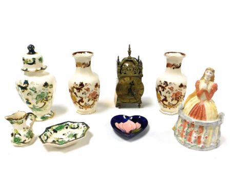 A pair of Masons ironstone Brown Velvet vases, Chartreuse pattern vase and cover, cream jug, and a dish, a Moorcroft heart sh