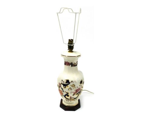 A Masons ironstone Mandalay pattern table lamp, of octagonal baluster form, raised on a wooden base, 55cm high. 