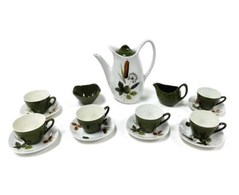 A Midwinter Riverside pattern pottery part coffee service, designed by John Russell, fashion shape, comprising coffee pot, cr