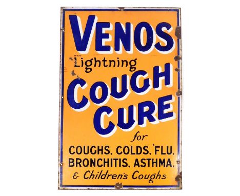 An early 20thC Venos enamel advertising sign, Brand Lighting Cough Cure for coughs, colds, flu, bronchitis, asthma and childr