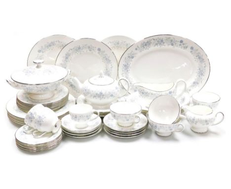 A Wedgwood Belle Fleur porcelain part dinner and tea service, comprising oval meat platter, vegetable tureen and cover, three