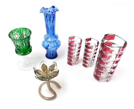 A group of 20thC glassware, including three Luminarc French ruby glass flashed vases, Bohemian green glass vase, and a flower