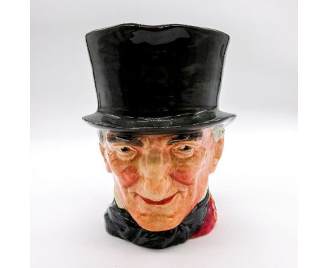 Black and orange handle. Dark grey hat, maroon coat, dark blue bow tie, black and orange riding crop.Royal Doulton backstamp.