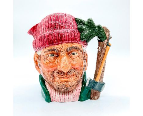 Canadian Centennial Series; a man in a red cap, green jacket, and pink sweater. Wood axe and tree handle.Royal Doulton backst
