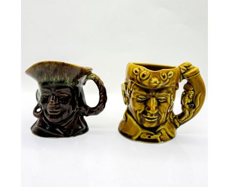 Two ceramic character jugs in brown and camel glaze. Both stamped Rockingham Harper 1840. Dimensions: 4.25"H and 4.5"H.Issued