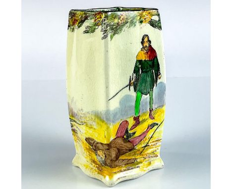 Small, with glossy finish series ware. Depicts scenes from the Robin Hood tale. States on base ï¿½Robin Hood Slays Guy of Gis