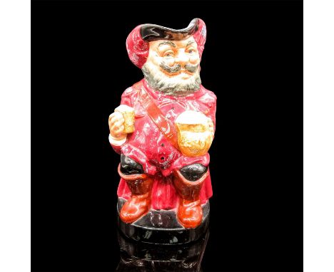 Glossy hand painted ceramic of Falstaff. He is dressed in burgundy, and holding mugs of ale to his chest.Sir John Falstaff an