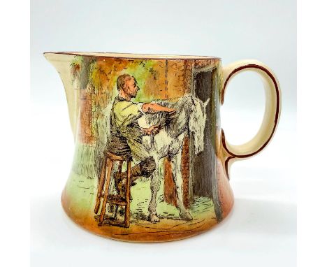 Ceramic creamer with a scene of a man with a horse, brushing its hair. Part of Sir Roger de Coverley series.Royal Doulton bac