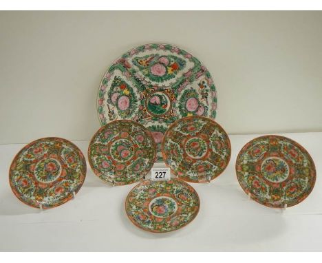 5 early Famille Rose saucers and a later famille rose plate.