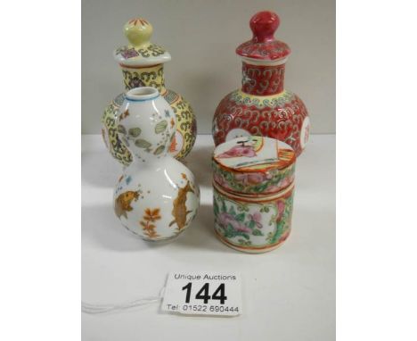 An early Victorian Chinese famille rose lidded pot and 3 other Chinese ceramic items.