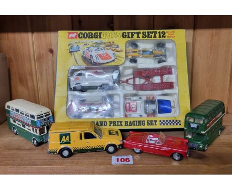 Corgi:&nbsp;Gift Set 12, Grand Prix Racing Set, in original box, some play wear, (acetate broken and box corners with tears a