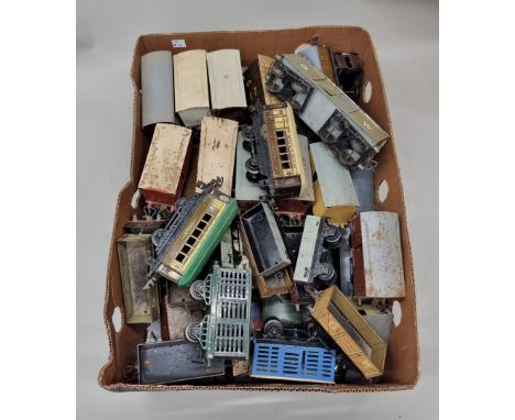 Hornby 0 Gauge:&nbsp;a quantity of various freight wagons and coaches, to include livestock trucks, (all playworn with paint 