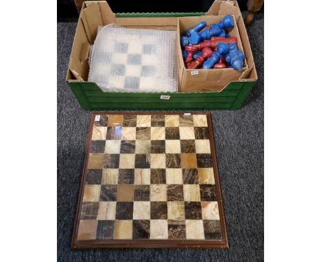 Chess:&nbsp;a ceramic four piece chessboard and a set of composite chess pieces; together with another hardstone chess board.