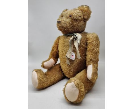 Teddy Bear:&nbsp;a vintage (circa 1950's) large golden mohair straw filled Petz teddy, 28 inches tall, with three stitched cl