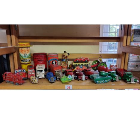 Vintage Tinplate:&nbsp;a group of vintage tinplate items, to include Minic vehicles, money boxes, clockwork animals etc. 