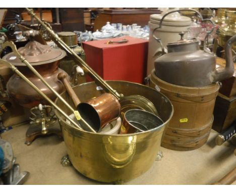 A 19th Century copper samovar, copper kettle, brass bowl on lion's paw feet, engraved brass wooden handled warming pan, three