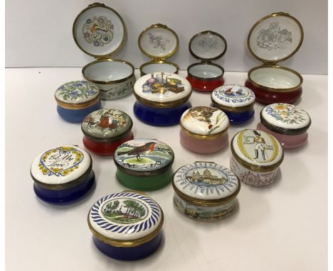 A collection of Crummles enamel boxes including "Apothecary equipment", limited edition No'd. 2, 6 cm diameter, "Floral and b