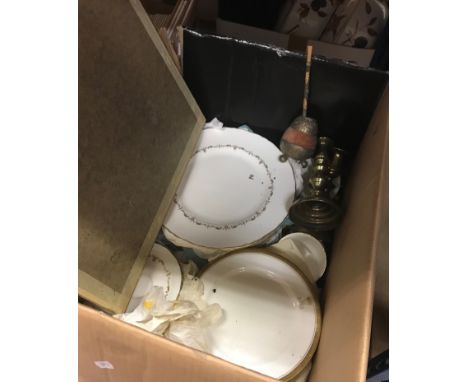 A box containing a collection of Royal Worcester "Gold Chantilly" dinner wares and Booth's armorial decorated dinner plates, 