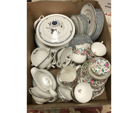 A box containing Royal Doulton Old Colony dinner wares including vegetable tureen and cover, eight dinner plates, eight desse