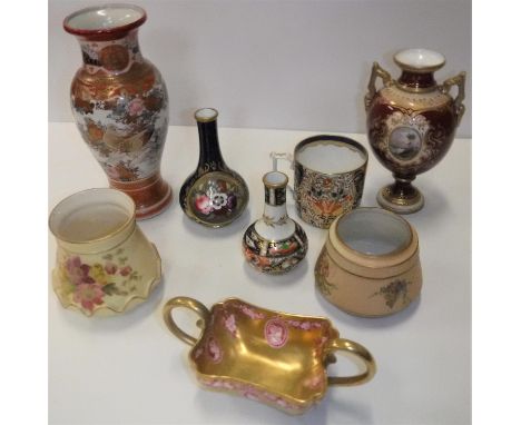 A collection of various small china wares to include Coalport red ground vase with hand painted panels depicting waterside la