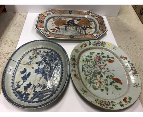 A 19th Century Chinese Imari elongated octagonal serving dish with fence and flower pattern to the centrefield, 46 cm x 32 cm