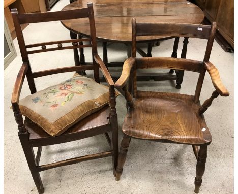 A 19th Century East Anglian elm and fruitwood carver chair, an Oxford bar back carver chair, Chippendale style mahogany frame