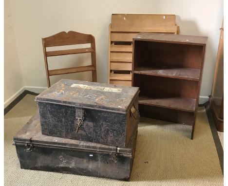 Two tin trunks, an open bookcase, a pitch pine open bookcase and two folding shelf units