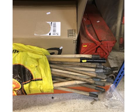 A bundle of drain rods, cantilever tool box, four petrol engined model stunt planes, jam pan, shoe lasts, various bed springs