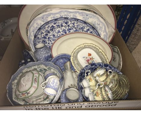 A box containing a Royal Doulton "Rondo" part tea service, Copeland Spode transfer decorated dinner wares and a collection of