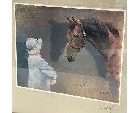 AFTER SUSAN L. CRAWFORD "Bustino", study of horse with Queen Mother in foreground, limited edition print 1/500 signed by the 