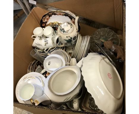 Three boxes of various china wares to include Royal Worcester Harvest Ring tea wares, capodimonte figure, aluminium greyhound