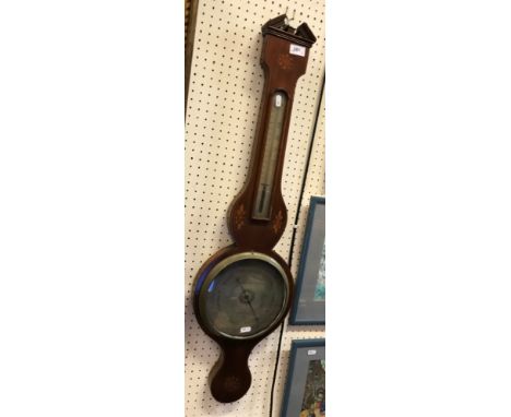 A 19th Century mahogany and marquetry medallion inlaid barometer thermometer with alcohol thermometer and silvered dial inscr