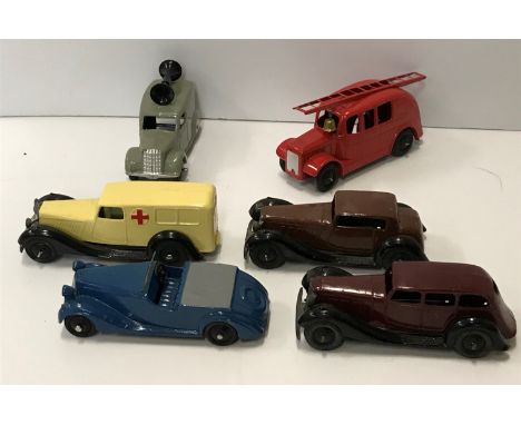 A Dinky Toys Sunbeam Talbot blue drop head, a Speaker car, No. 25h Fire Engine with bell, vintage cream painted ambulance and