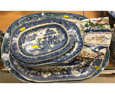 Nine various 19th Century blue and white meat platters including a Copeland and Garrett floral spray decorated elongated octa