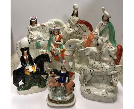 A collection of seven 19th Century Staffordshire figures on horseback including "Scotsman with stag quarry", 38 cm high, anot
