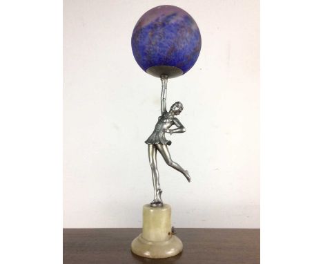 IN THE MANNER OF LORENZL, ART DECO COLD PAINTED SPELTER FIGURAL TABLE LAMP, CIRCA 1920-40 modelled as a young lady holding up