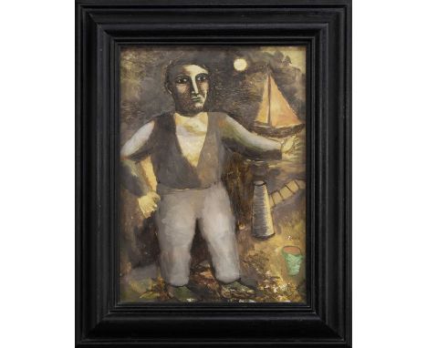 *JAMES GIBSON, MAN WITH BOAT (SAILOR) oil on board, unsigned, titled and dated 1994 to Compass Gallery exhibition label verso