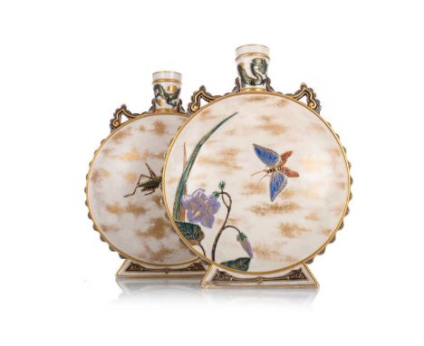 ROYAL WORCESTER, PAIR OF AESTHETIC MOON FLASK VASES, CIRCA 1860-80 decorated in enamels and gilt heightened in the Aesthetic 