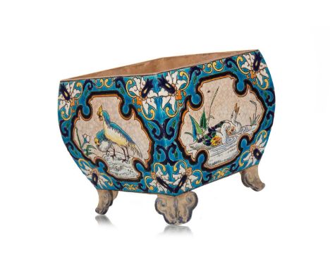 JULES VIEILLARD & CIE., FRENCH AESTHETIC PERIOD FAIENCE JARDINIERE, CIRCA 1880-1900 of bombe square section, Chinoiserie enam