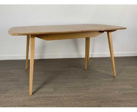 ERCOL, WINDSOR MODEL 444 GRAND PLANK ELM AND BEECH EXTENDING DINING TABLE, AND SIX 365 DINING CHAIRS  the table on splayed su