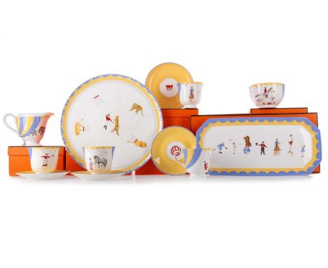 HERMES, 'CIRCUS' PATTERN PORCELAIN COFFEE SERVICE, LATE 20TH / EARLY 21ST CENTURY comprising five cups and saucers, single la