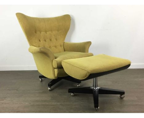 G-PLAN, MODEL 6250 WINGBACK ARMCHAIR AND OTTOMAN, CONTEMPORARY upholstered in mustard yellow fabric, the chair with button-ba