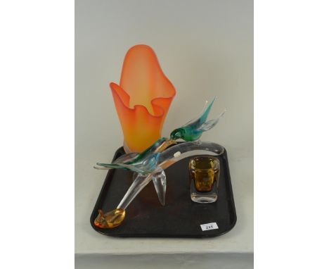 A mid 20th Century Icet Art Glass model of two birds on a branch, width 47cm plus an orange vase and a rectangular vase