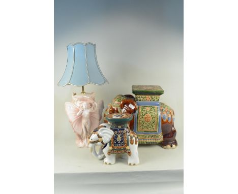 Two 20th Century Chinese 'elephant' pottery garden seats plus a 20th Century Art Nouveau style lamp base