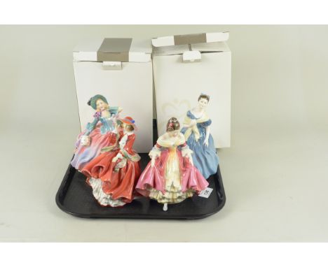 Two boxed Royal Doulton figurines, 'Elizabeth' HN 4426, 'Susan' HN 4532 plus four unboxed figurines, 'Autumn Breezes' HN 1911