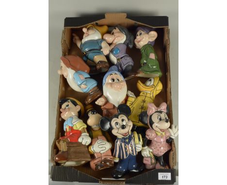 Five ceramic Disney based dwarfs, each signed Johanna 1995 plus Mickey and Minnie Mouse, Donald Duck, Pinocchio and Goofy, ea